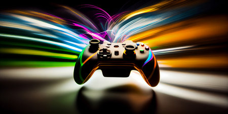 Video game controller with bright neon light streaks. Computer gamer background. Generative aiの素材