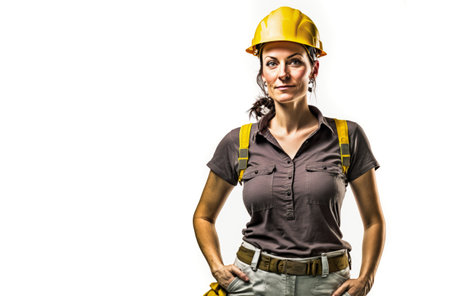 Portrait of a female construction worker wearing hard hat, studio shot, white background. Generative aiの写真素材