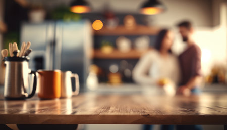 An empty kitchen counter worktop for product display. blurred people in the background. Generative aiの素材