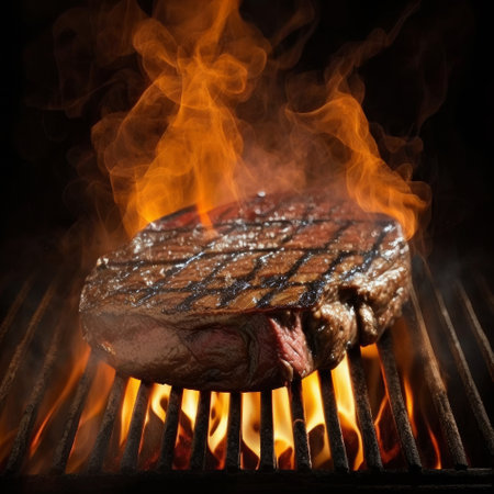 Steak burger cooking on a grill with flames. Generative aiの素材