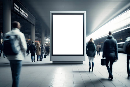 An empty blank billboard or advertising poster in a train station with blurred people. Generative aiの素材