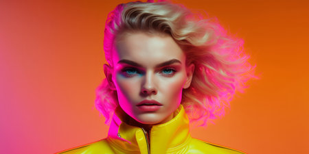Portrait of a trendy young woman with bright clothing and bright neon lighting. Generative aiの素材