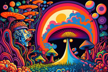 Psychedelic magic mushroom landscape design. Generative aiの素材