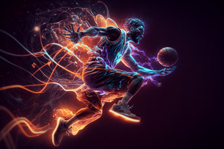 Basketball player with bright glowing abstract lines. Generative aiの素材