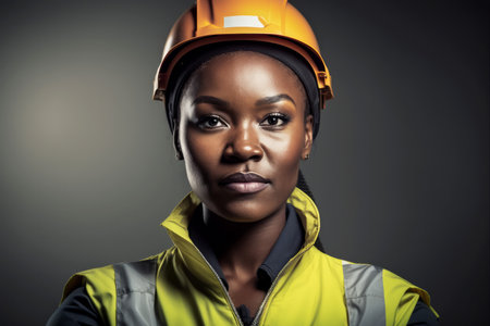 Portrait of a black woman construction worker wearing hard hat. Generative aiの素材