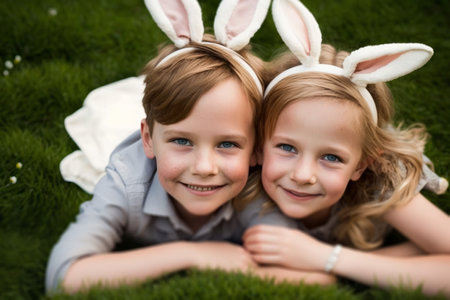 Happy smiling boy and girl little children wearing spring easter bunny ears. Generative aiの素材