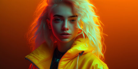 Portrait of a trendy young woman with bright clothing and bright neon lighting. Generative aiの素材
