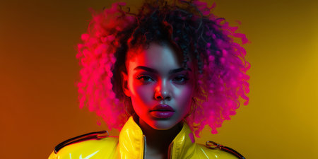 A fashion portrait of a young back woman wearing bright clothes with neon florescent lighting. Generative aiの素材