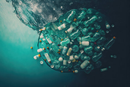 Plastic waste pollution in the ocean. A plastic bottle floating in the ocean. Generative aiの素材