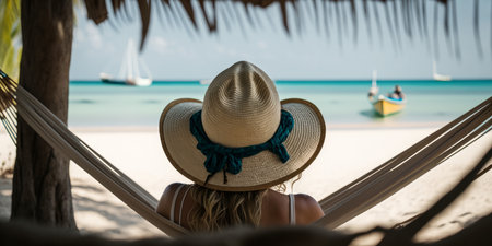 view from behind woman wearing sun hat relaxing in hammock on tropical beach. Generative aiの素材