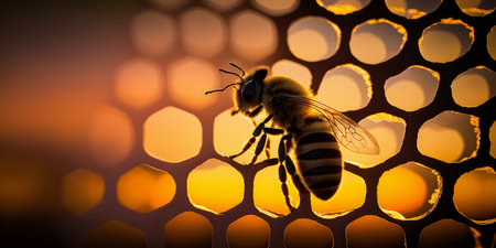 Close up of a bumble bee on a honeycomb structure. Generative aiの素材