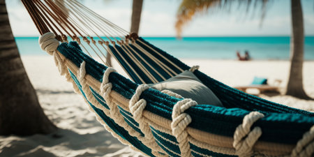 An empty hammock on a beautiful tropical beach. Relaxing, calm summer vacation. Generative aiの素材