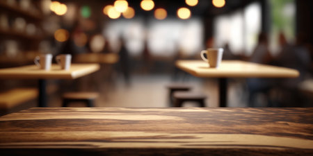 An empty wooden counter table top for product display in a coffee shop or bar. Generative aiの素材
