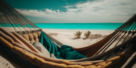 An empty hammock on a beautiful tropical beach. Relaxing, calm summer vacation. Generative aiの素材