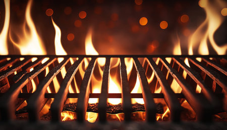 Empty barbecue Grill With Fire Flames. Black cooking grill background. Generative aiの素材