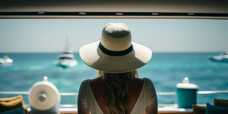 view from behind woman looking out to sea from a luxury cruise boat . Generative aiの素材