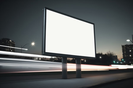 Blank white advertising display billboard in a city street at night with light streaks. Promotional poster mock up. Generative aiの素材