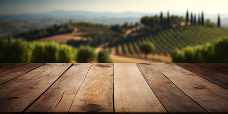 An empty wooden table for product display. blurred french vineyard in the background. Generative aiの素材