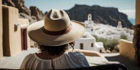 Rear view of woman wearing a large sunhat relaxing with mediterranean view. Generative aiの素材
