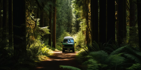 camper van in a beautiful forest landscape. Van life. adventure holiday. Generative aiの素材