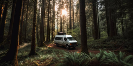 camper van in a beautiful forest landscape. Van life. adventure holiday. Generative aiの素材