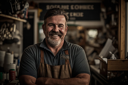 Portrait of a man stood in a workshop. Small business owner. Generative aiの素材