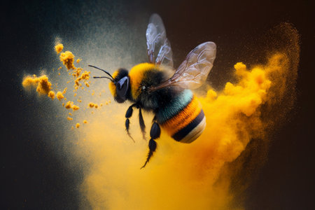 Close up of a bumble bee with yellow flower pollen explosion. Generative aiの素材