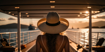 view from behind woman looking out to sea from a luxury cruise boat . Generative aiの素材