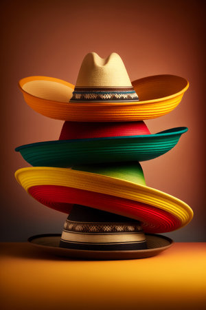 A stack of colourful mexican sombrero hats. Generative aiの素材