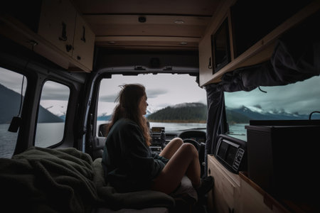 A young woman sitting in a camper van looking at a beautiful view. Generatie aiの素材