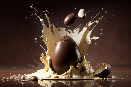 Luxury chocolate easter eggs making a splash in chocolate. Generative aiの素材