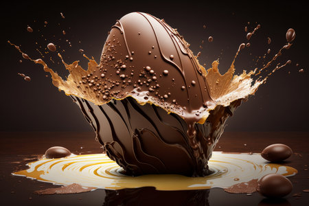 Luxury chocolate easter eggs making a splash in chocolate. Generative aiの素材