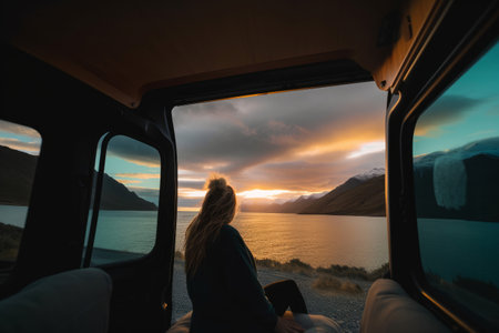 A young woman sitting in a camper van looking at a beautiful view. Generatie aiの素材