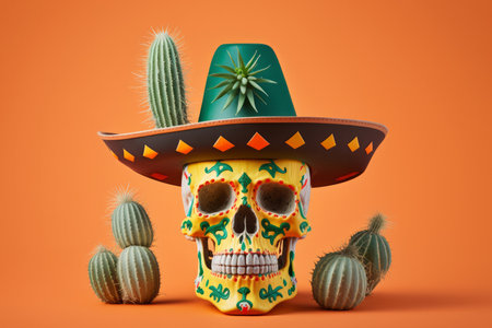 Skull wearing a mexican sombrero. Mexico traditional celebration. Generative aiの素材