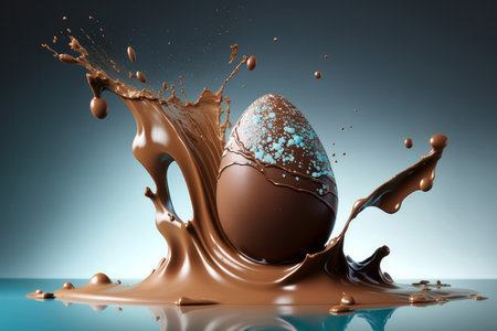 Luxury chocolate easter eggs making a splash in chocolate. Generative aiの素材
