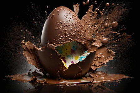 Luxury chocolate easter eggs making a splash in chocolate. Generative aiの素材