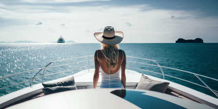 view from behind woman relaxing on a luxury boat. Generative aiの素材