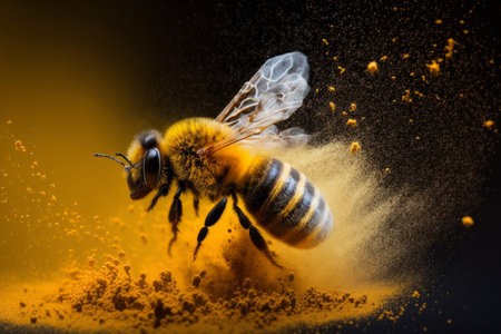 Close up of a bumble bee with yellow flower pollen explosion. Generative aiの素材