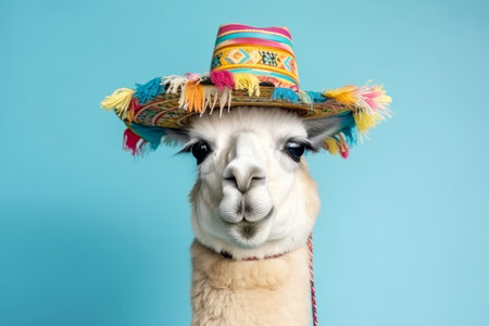 A portrait of a Llama wearing a colourful traditional hat. Generative aiの素材