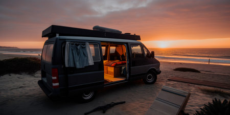 Glowing light from a camper van in a beautiful landscape at dusk. Generative aiの素材