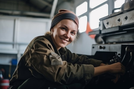 Portrait of a female mechanic working in a repair garage. Generative aiの素材