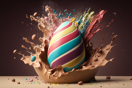 Luxury chocolate easter eggs making a splash in chocolate. Generative aiの素材