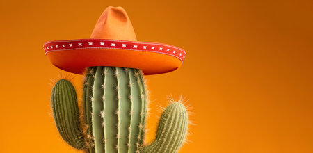 Cactus wearing a mexican sombrero hat. Cinco de mayo celebration background. Generative aiの素材