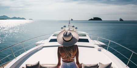 view from behind woman relaxing on a luxury boat. Generative aiの素材