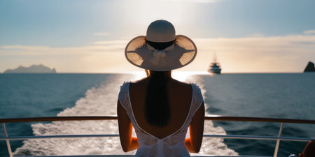 view from behind woman relaxing on a luxury boat. Generative aiの素材