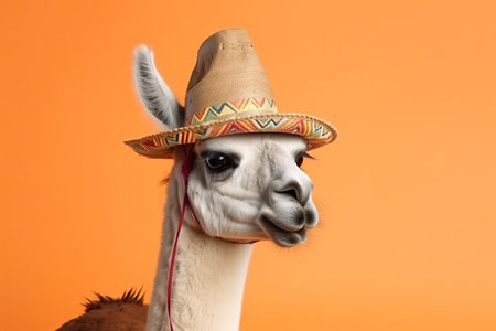 A portrait of a Llama wearing a colourful traditional hat. Generative aiの素材