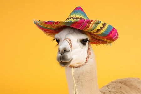 A portrait of a Llama wearing a colourful traditional hat. Generative aiの素材