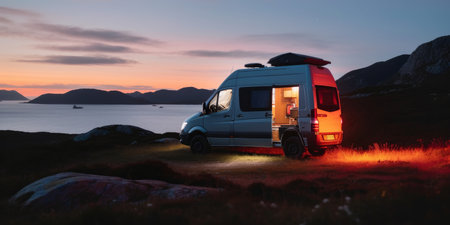 Glowing light from a camper van in a beautiful landscape at dusk. Generative aiの素材