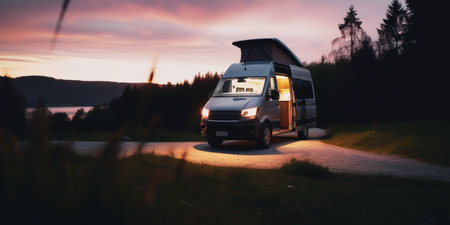 Glowing light from a camper van in a beautiful landscape at dusk. Generative aiの素材