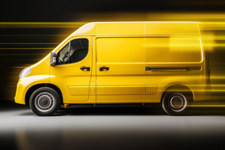 A delivery van with glowing lights and fast motion blur. Generative aiの素材